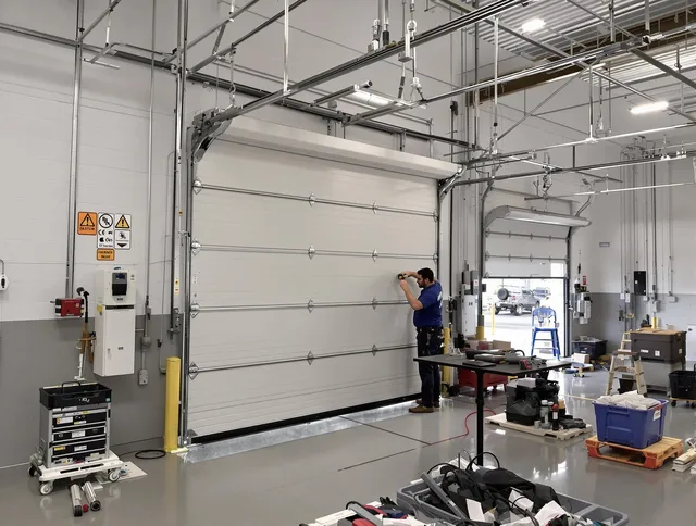 Commercial garage door repair being performed by Fallbrook Garage Door Repair expert in Fallbrook