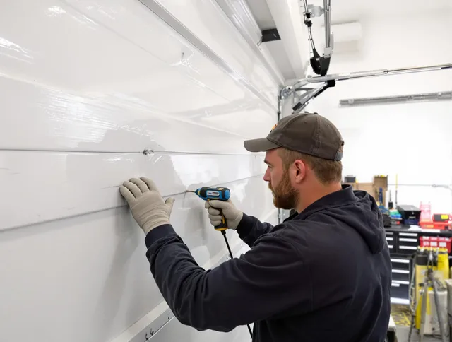 Fallbrook Garage Door Repair technician demonstrating precision dent removal techniques on a Fallbrook garage door